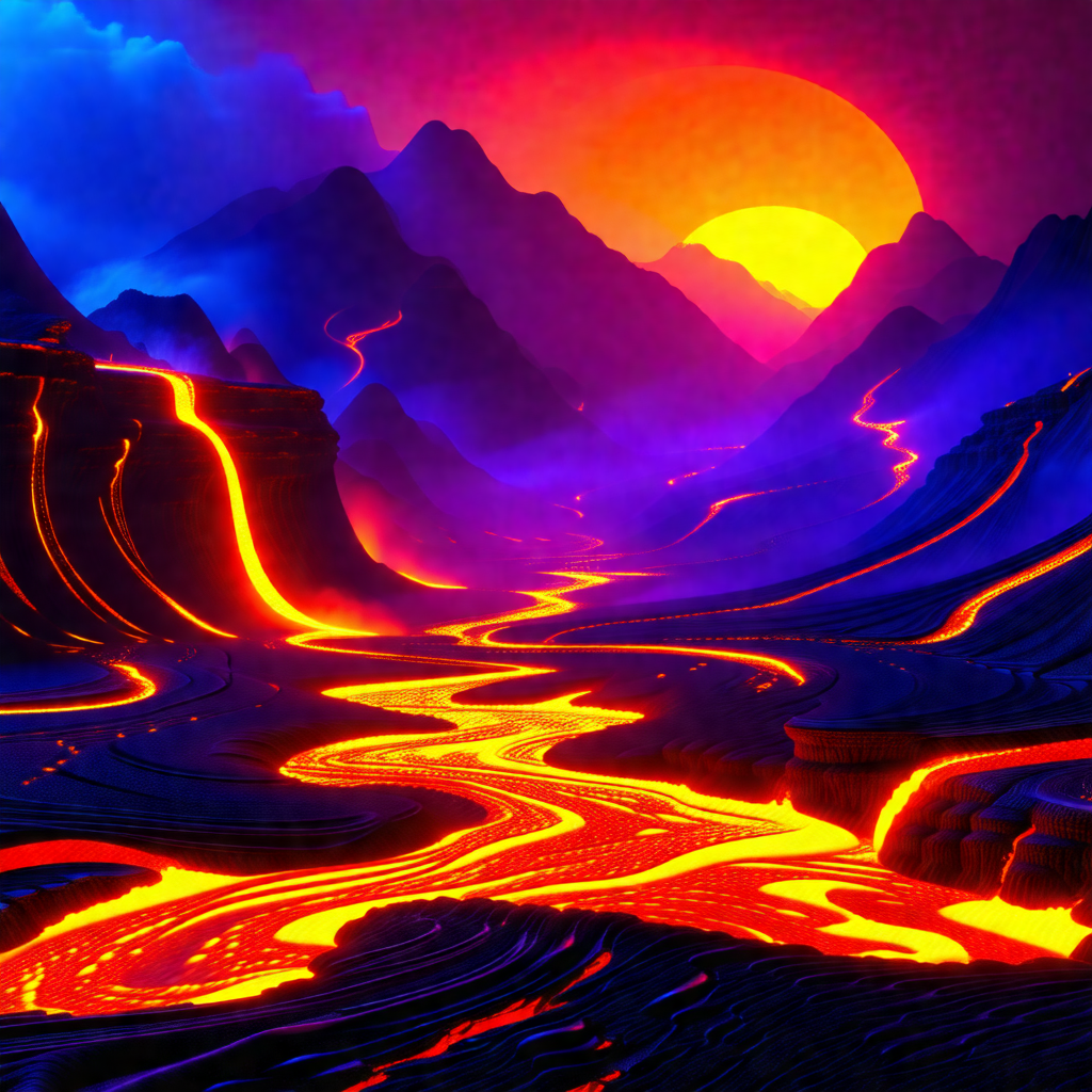 Colorful, computer-generated painting of a mountainous la...