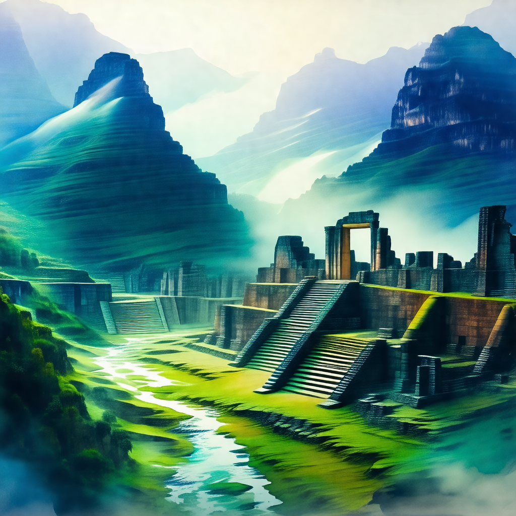 Painting of a large, ancient city with a mountainous back...