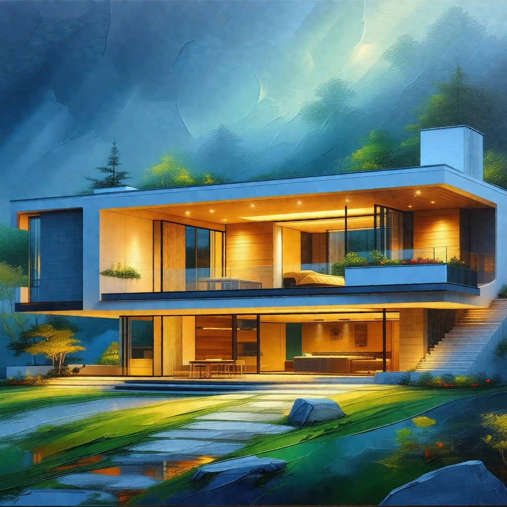 Large, modern house with a large glass wall, situated on ...