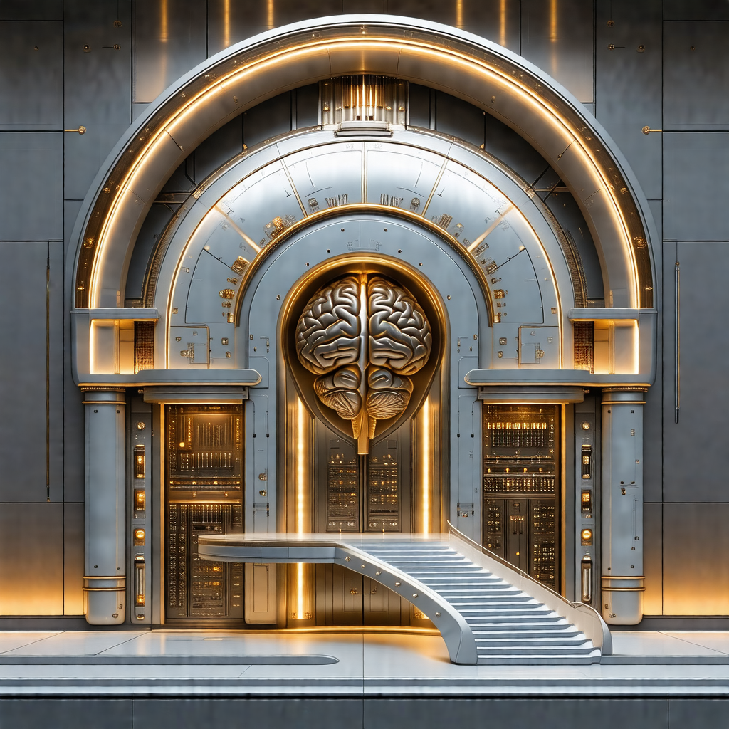 Large, futuristic building with a massive doorway that re...