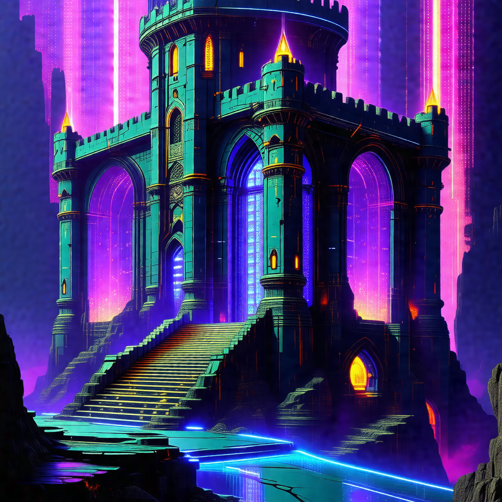 Large, blue castle with a purple and blue color scheme