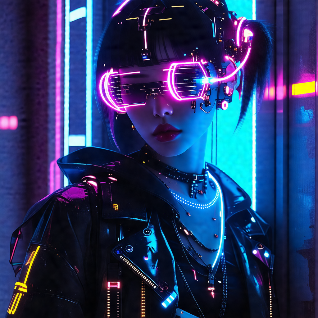 Woman wearing a black jacket and a pair of glowing sungla...