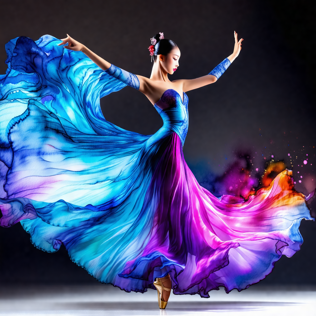 Woman in a flowing dress, dancing gracefully on a stage