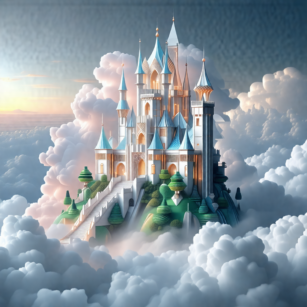 Beautifully drawn castle floating in the clouds
