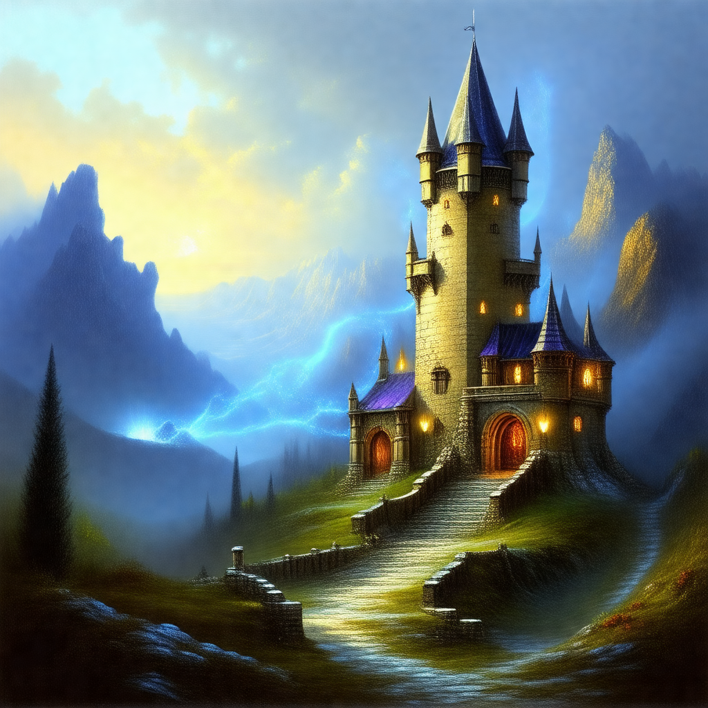 Large, old castle with a tall tower, situated on a hillside