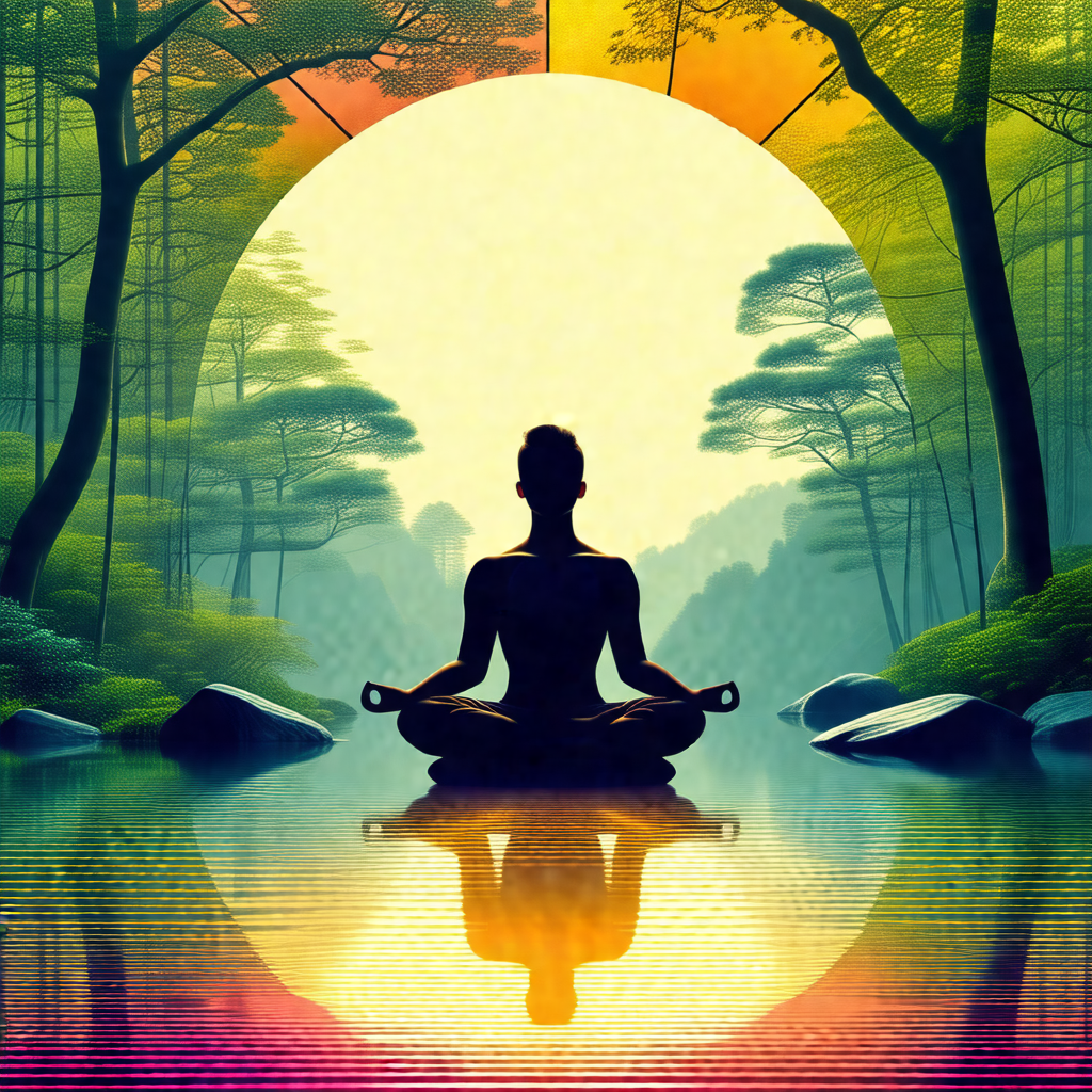 Man sitting in a lotus position on a rock in a forest