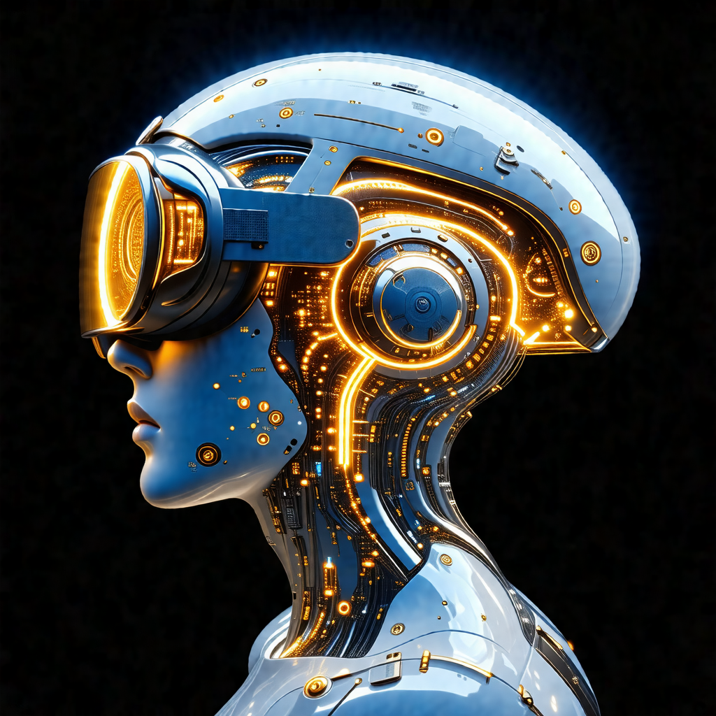 Futuristic robotic head with a blue and yellow color scheme