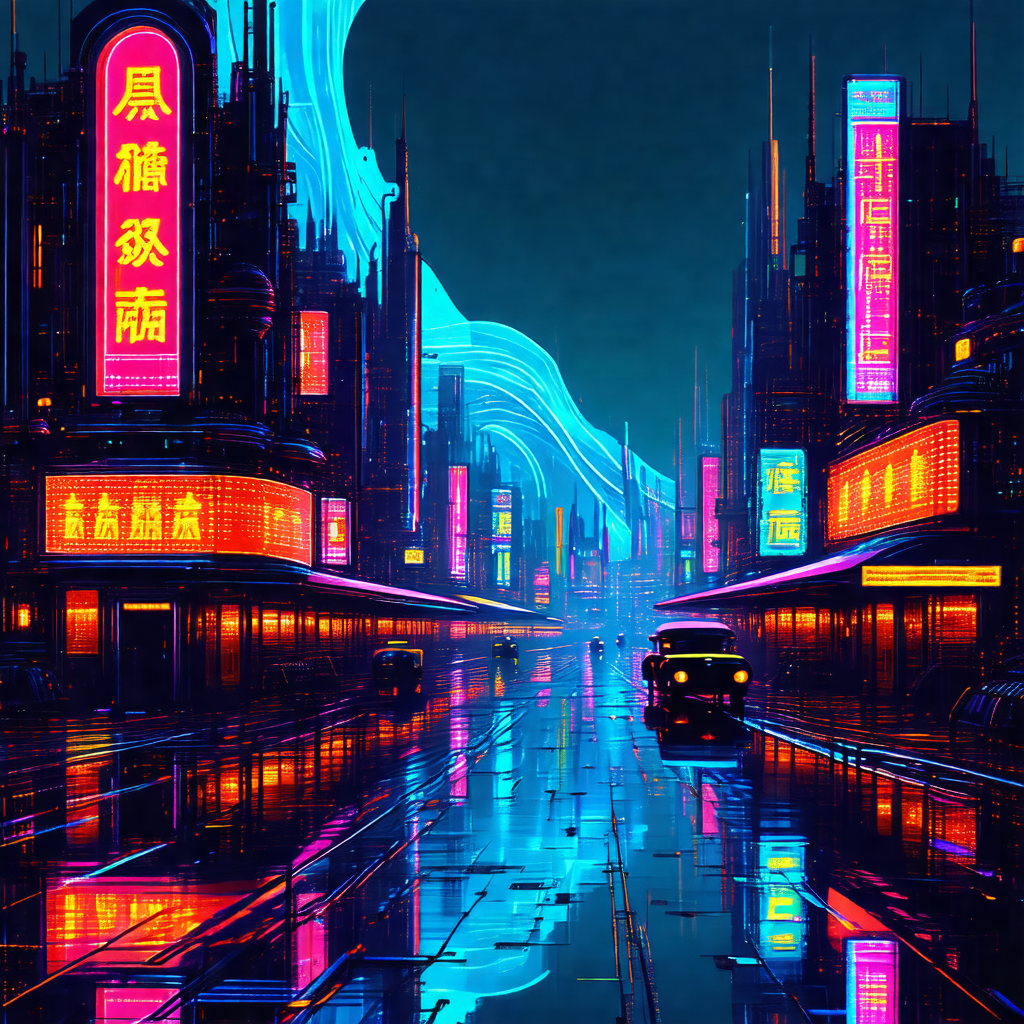 Colorful, futuristic cityscape with a car driving down a ...