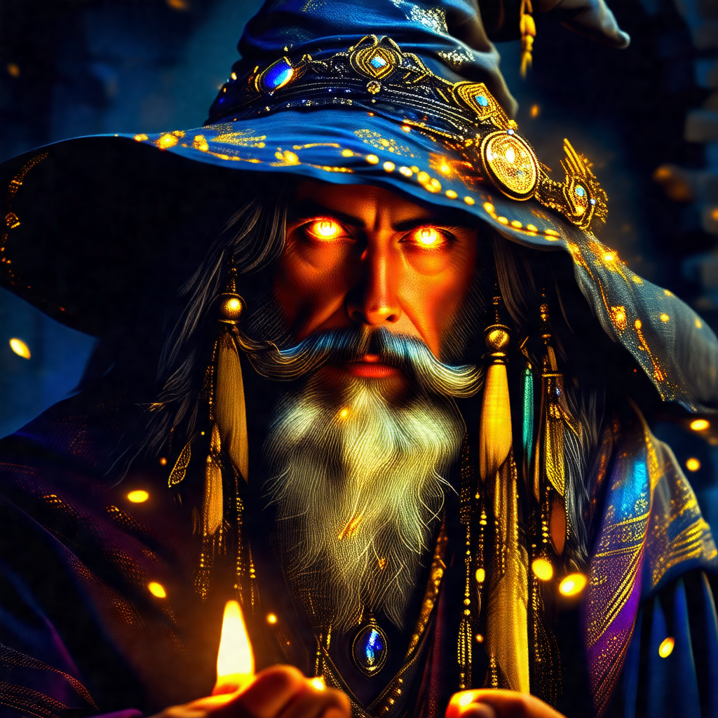 Wizard with a long beard and a pointy hat, standing in fr...