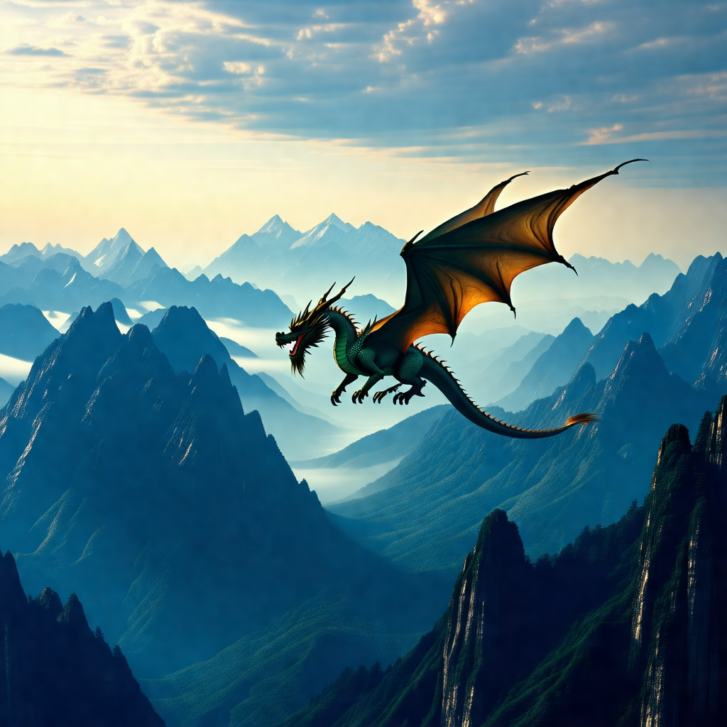 Dragon flying through the sky, with its wings spread wide