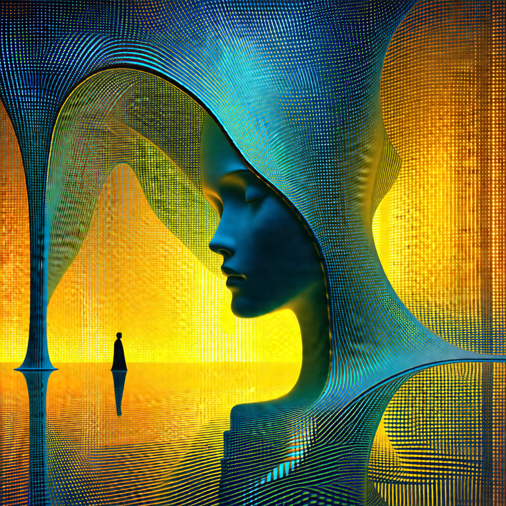 Woman with a blue head, standing in front of a large, blu...
