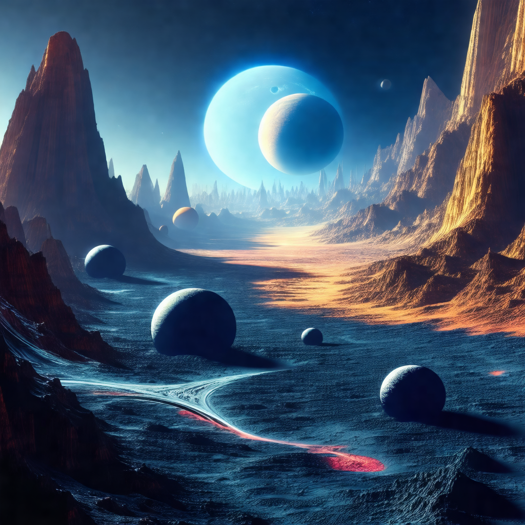Futuristic scene with a group of planets and moons floati...