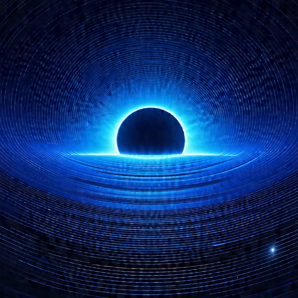 Black hole in the center of a blue spiral, surrounded by ...