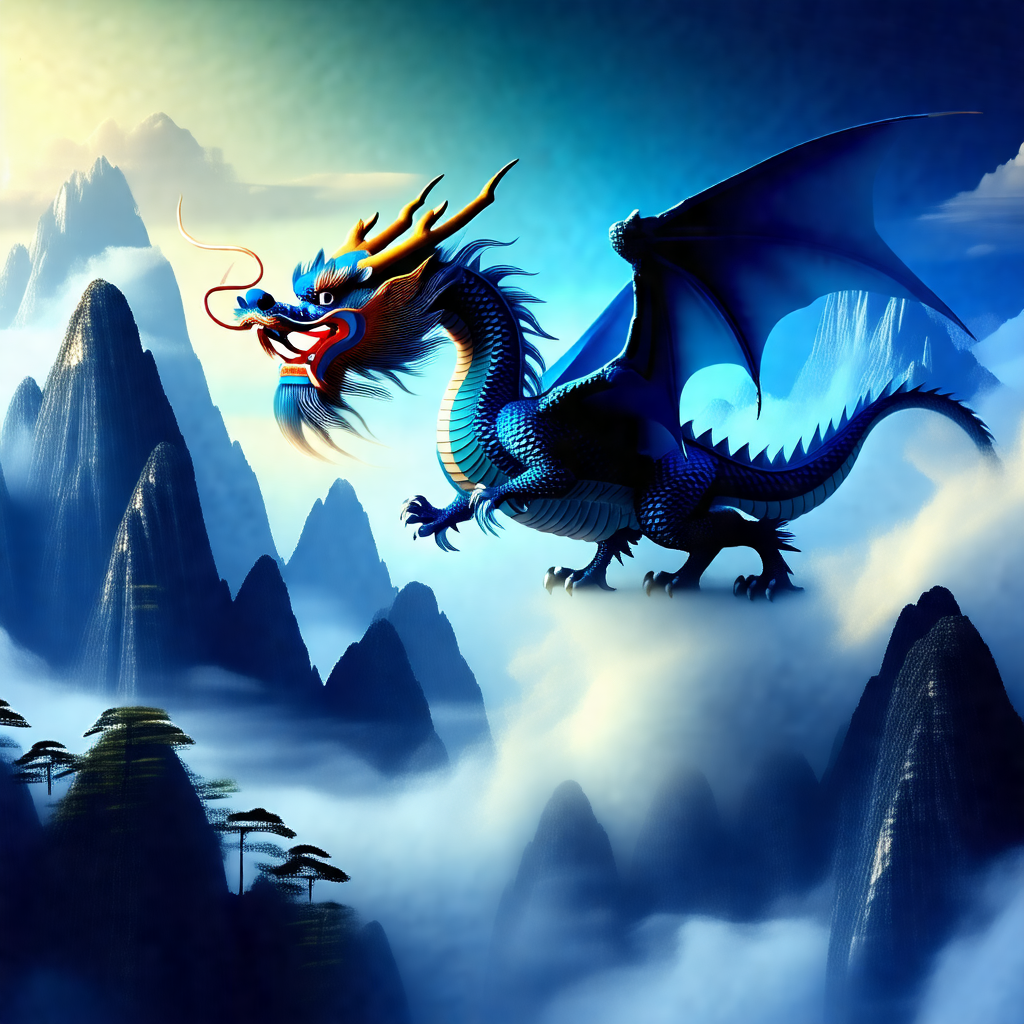 Dragon with a long neck and a blue body, flying through a...