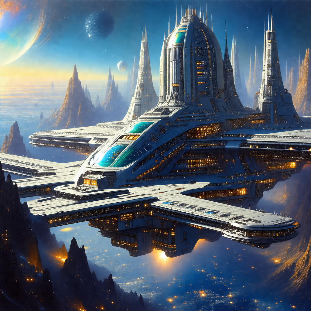 Futuristic spacecraft with a large, curved structure
