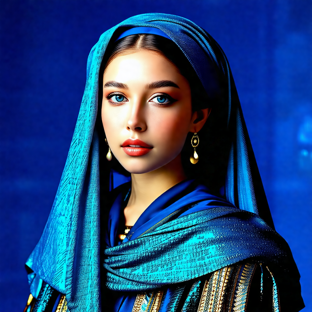 Woman wearing a blue headscarf, which is covering her face