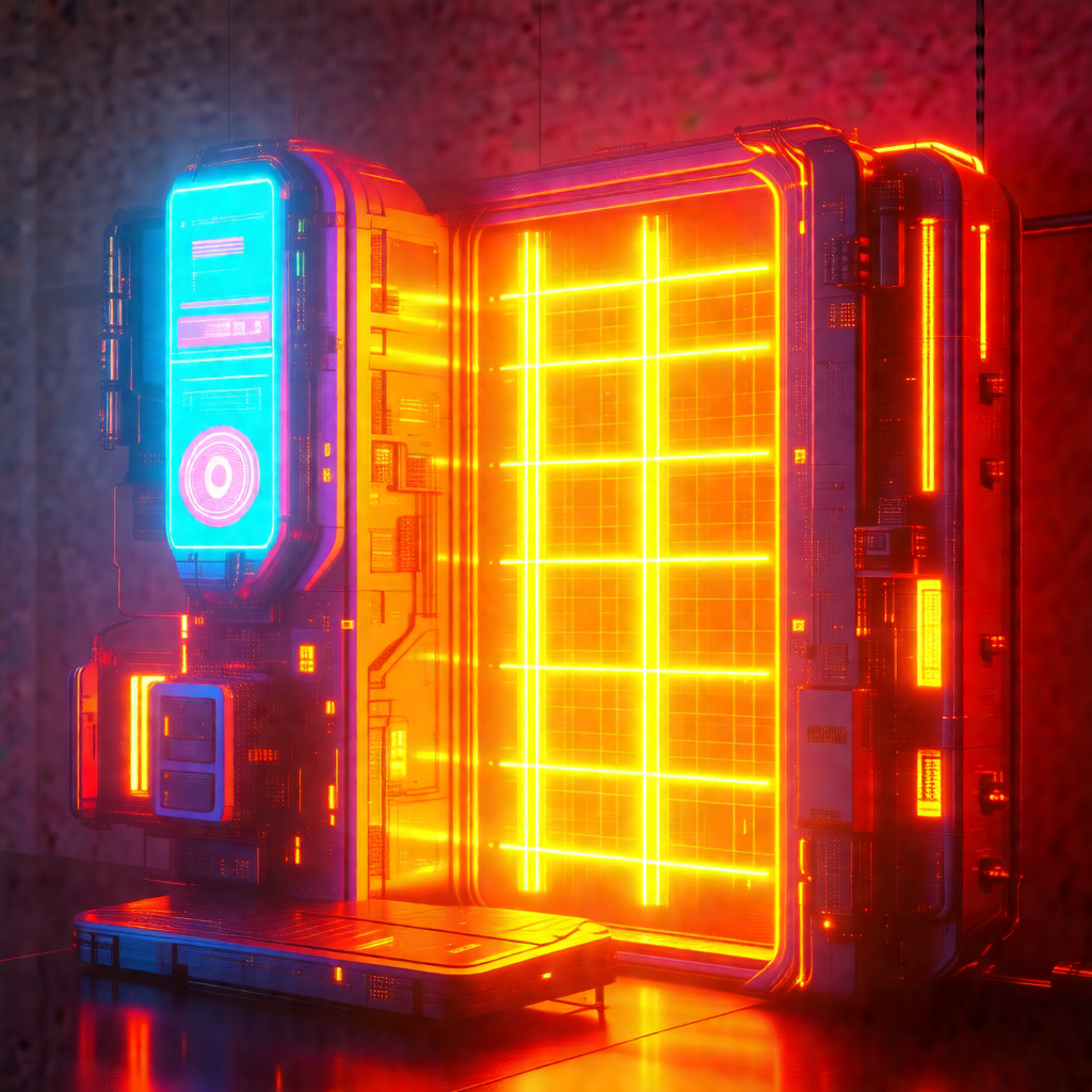 Futuristic-looking machine with a large, illuminated pane...