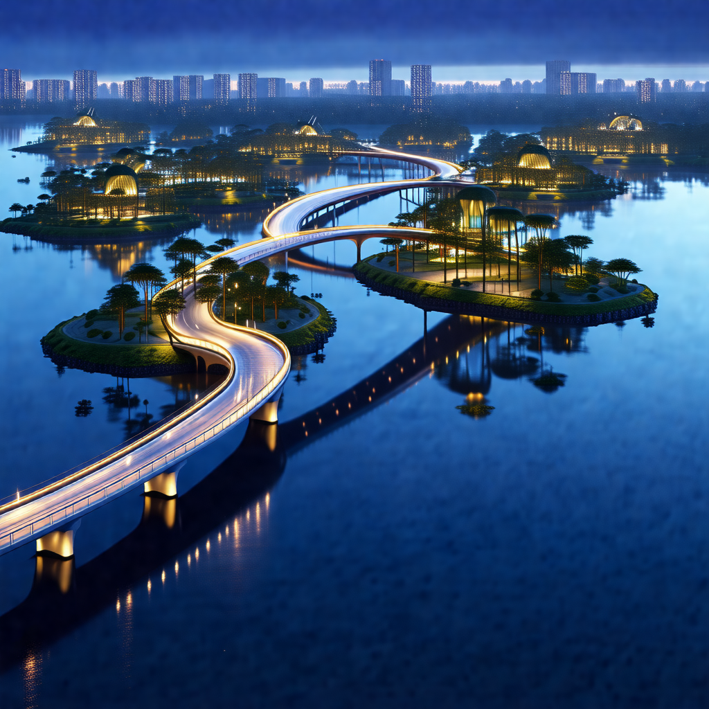 Nighttime view of a city with a long bridge crossing over...