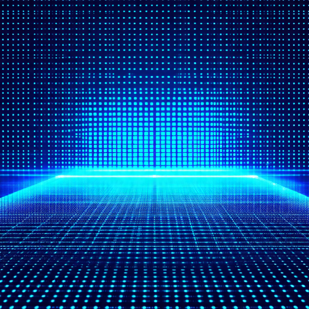 Blue background with a large, brightly lit blue square in...