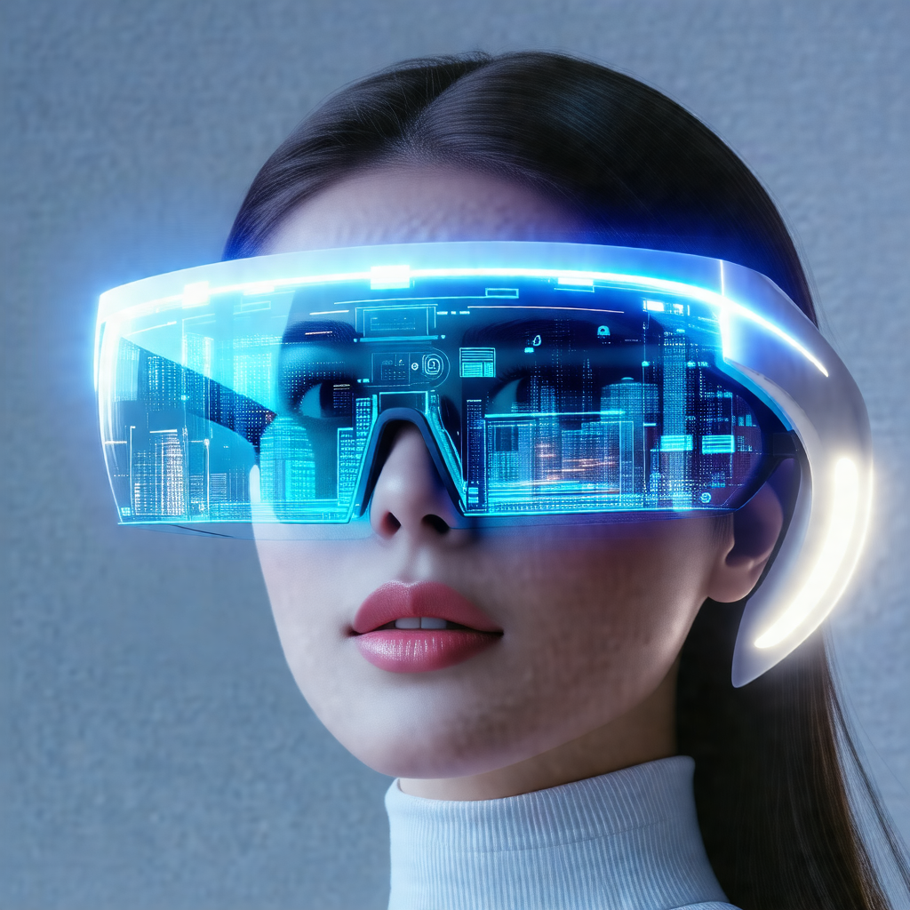 Woman wearing a futuristic pair of glasses, which are des...