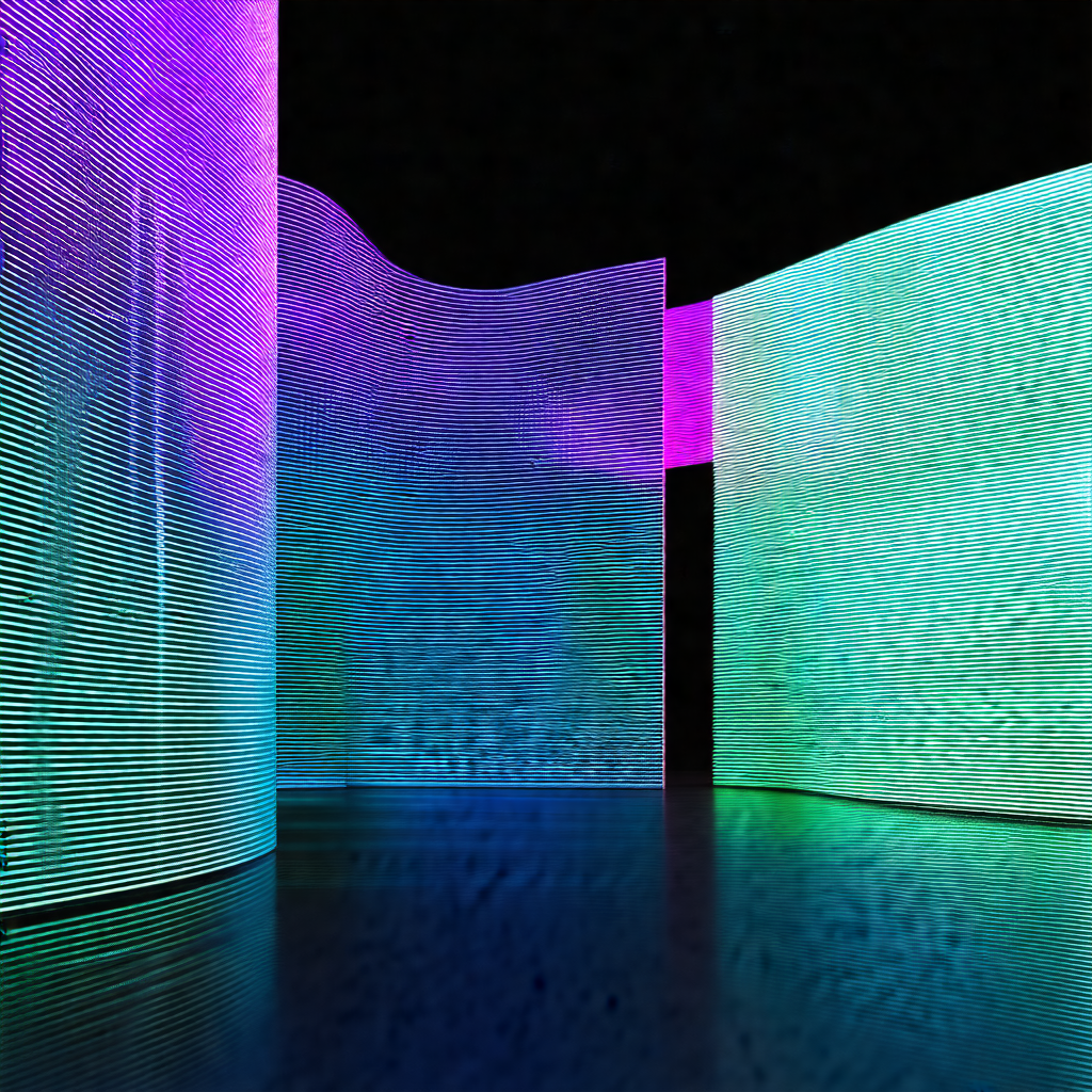 Black and white photo of a room with a purple glow