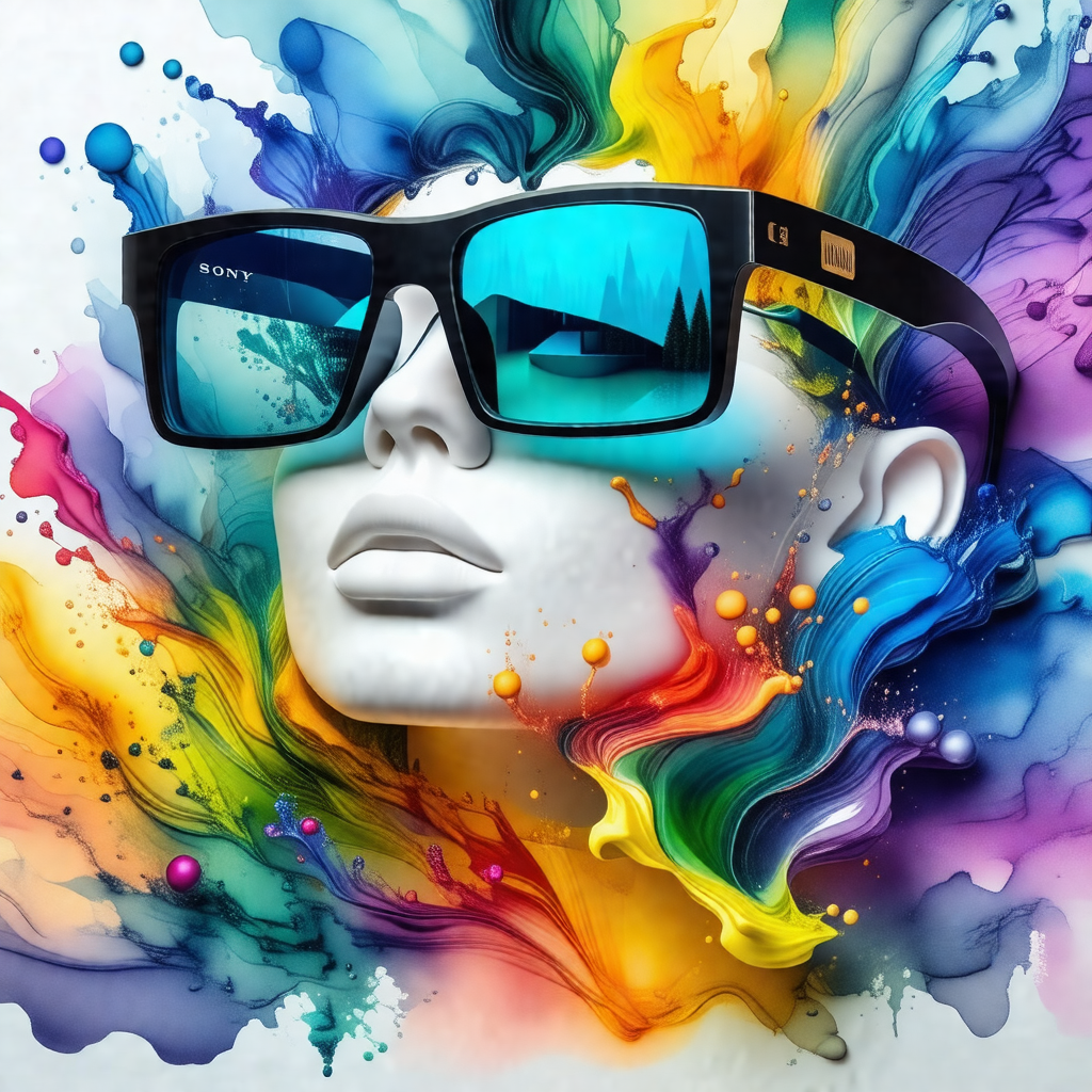 Woman with sunglasses on her head, surrounded by a vibran...