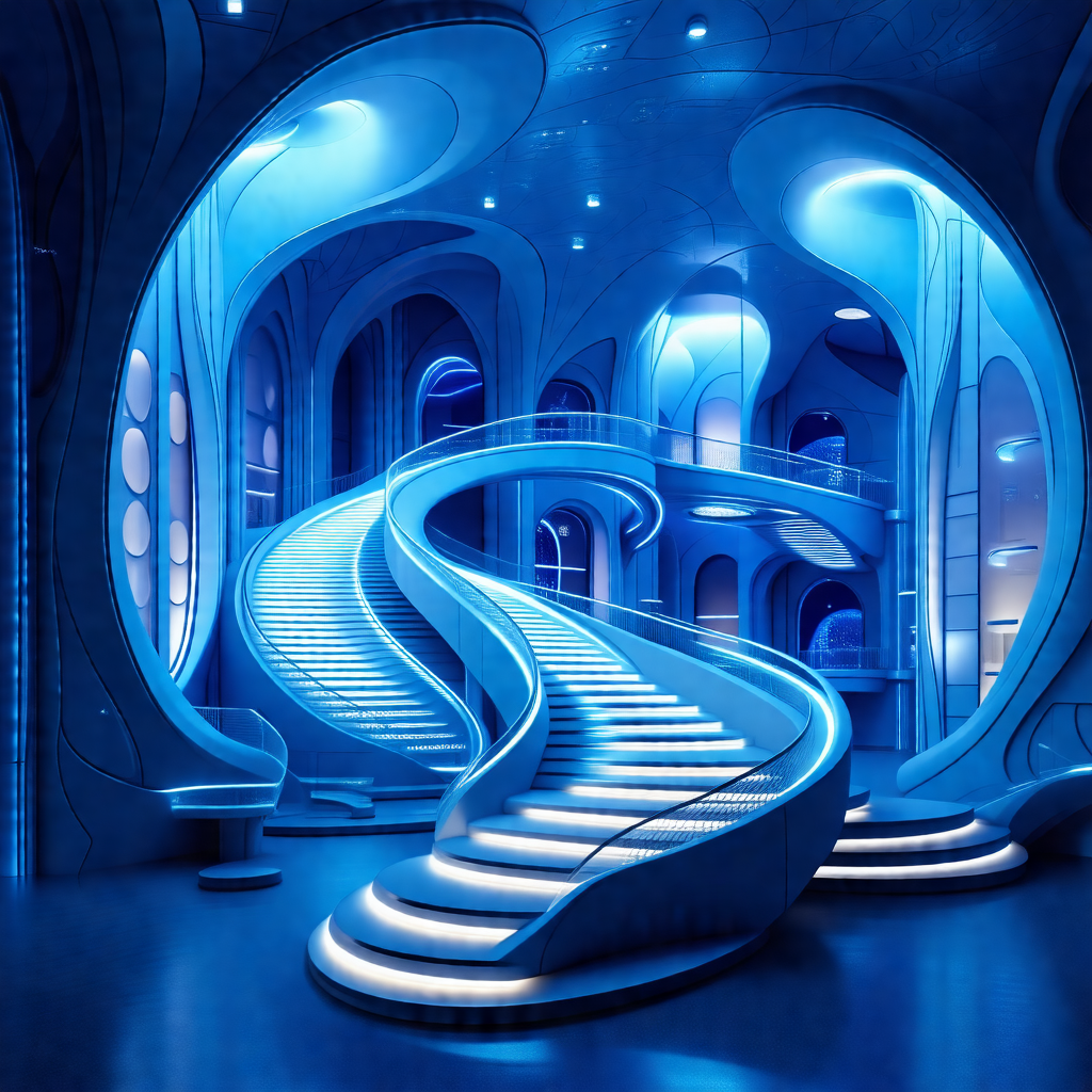 Large, curved staircase with a blue light illuminating it