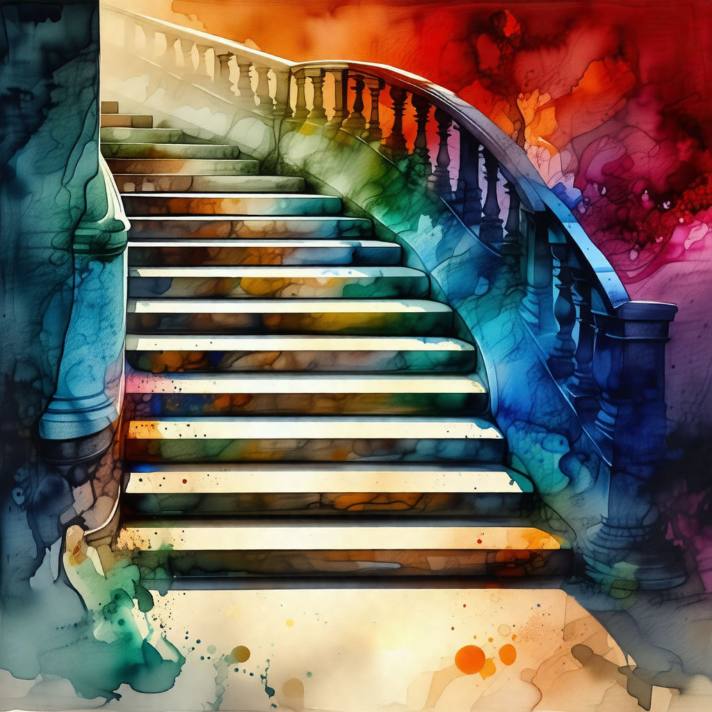 Staircase with a blue railing, leading to a doorway