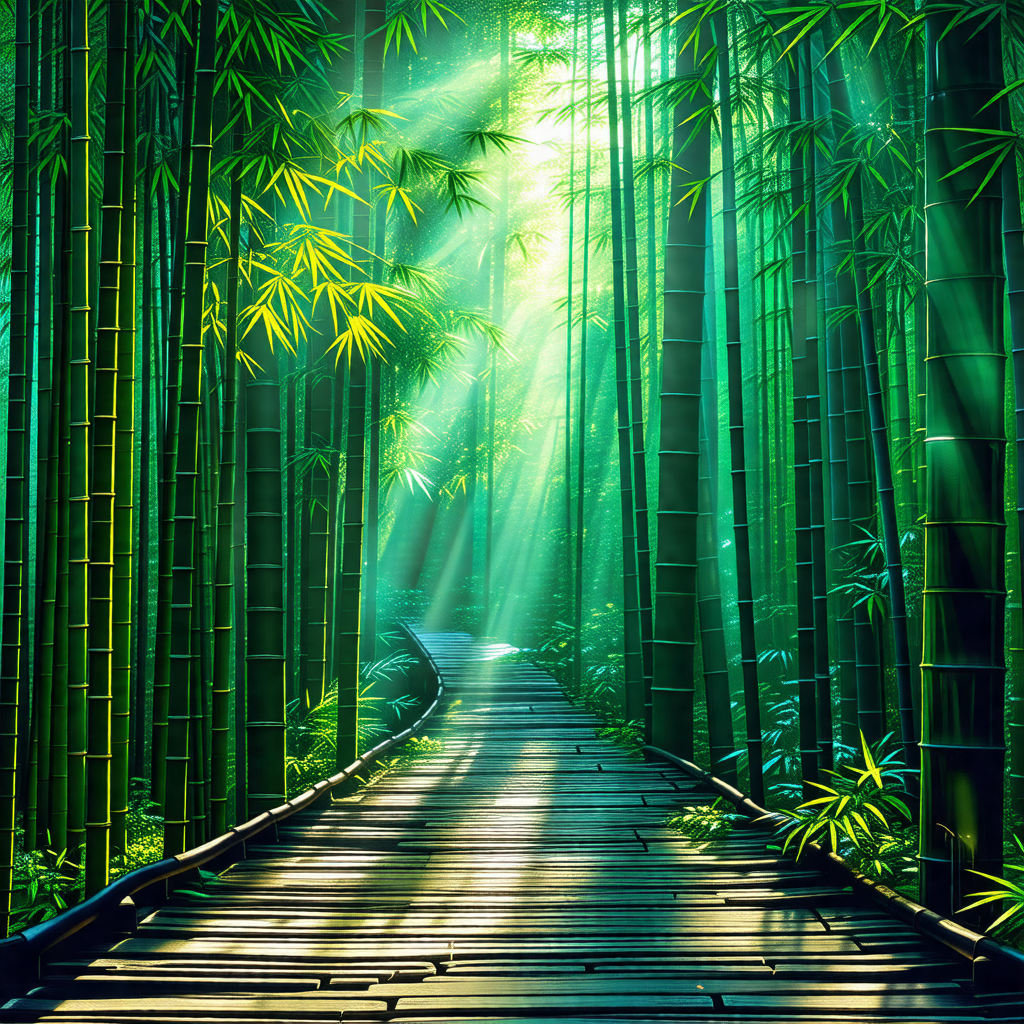 Wooden pathway surrounded by lush green bamboo trees