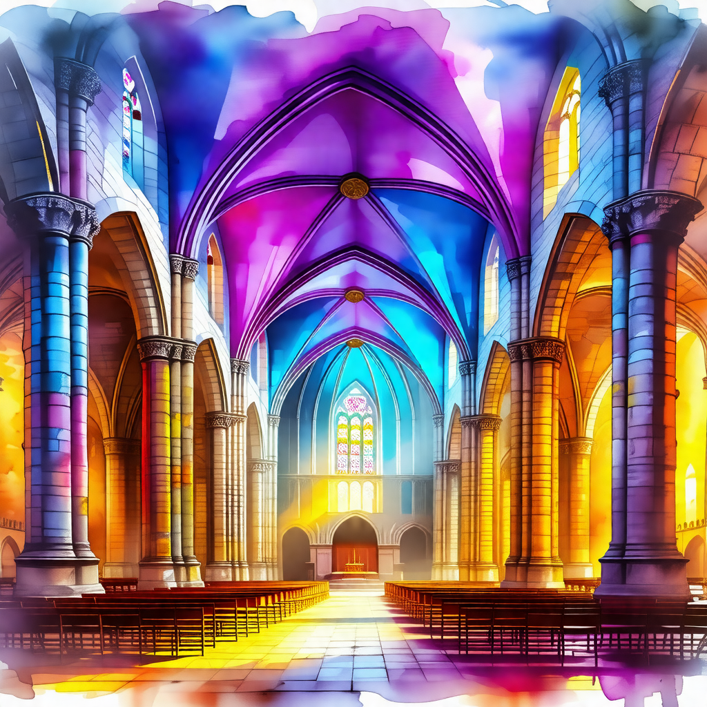 Colorful painting of a large cathedral with a vaulted cei...