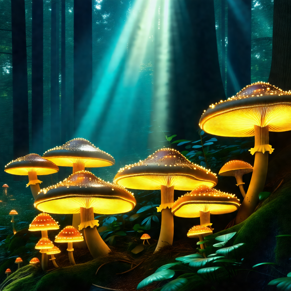 Forest with a group of mushrooms growing on the ground