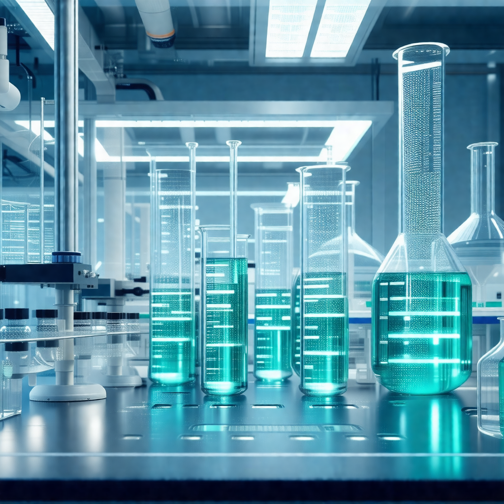 Laboratory setting with a large number of glass beakers a...