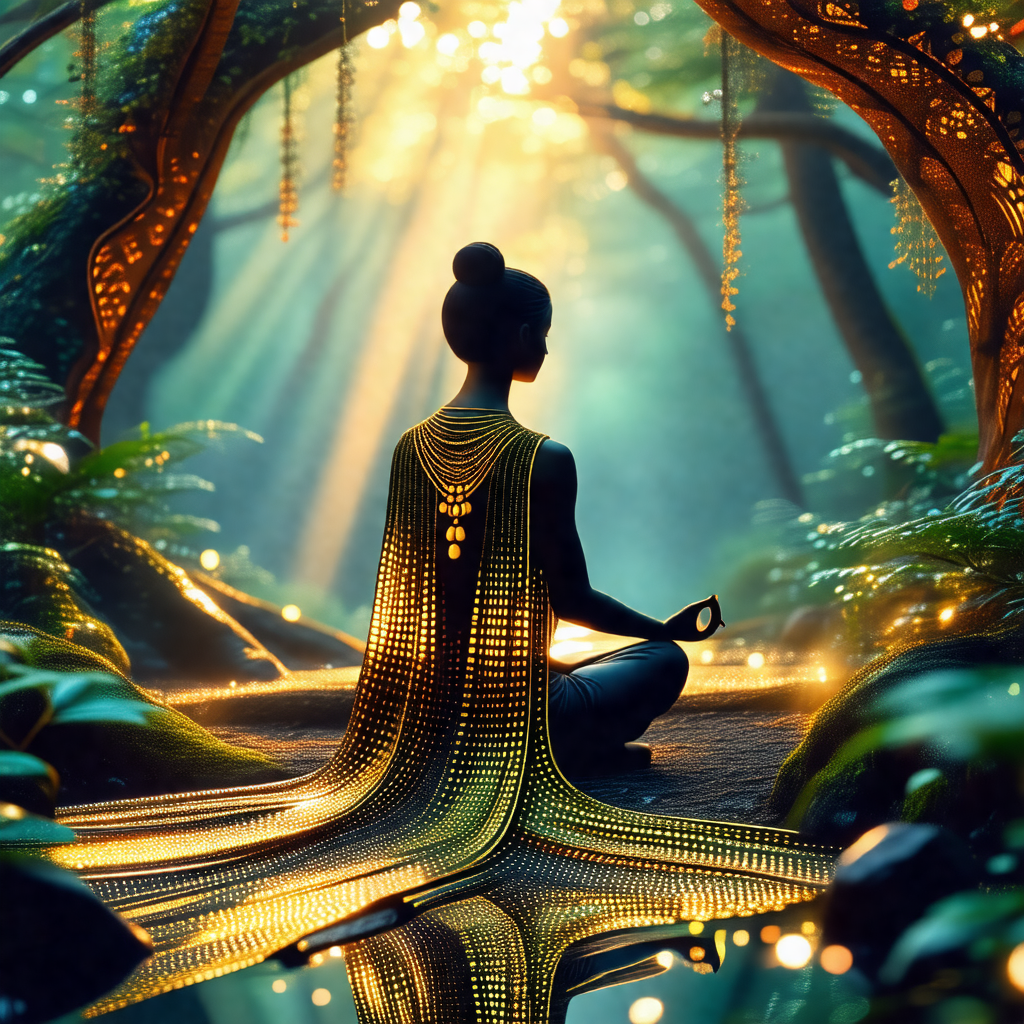 Woman sitting in a forest, surrounded by trees and plants