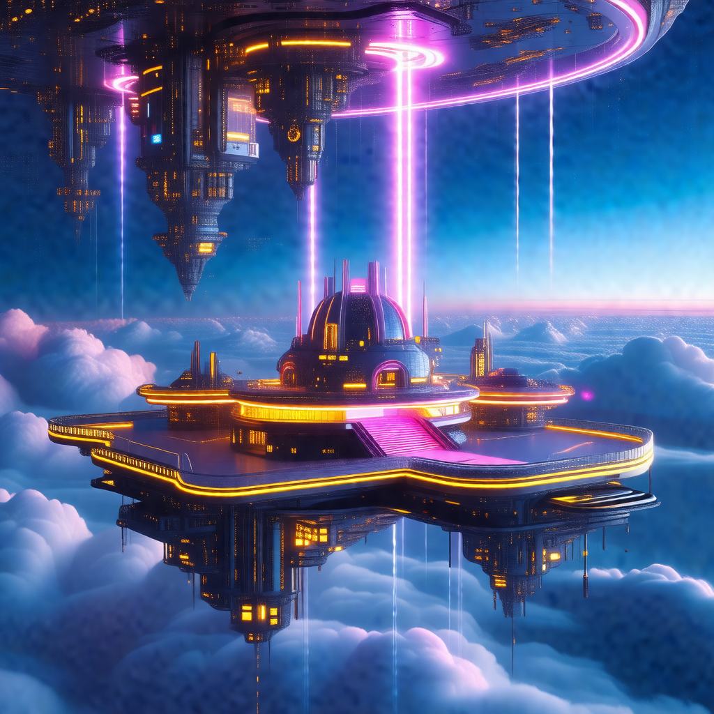 Futuristic city with a large, round building in the center