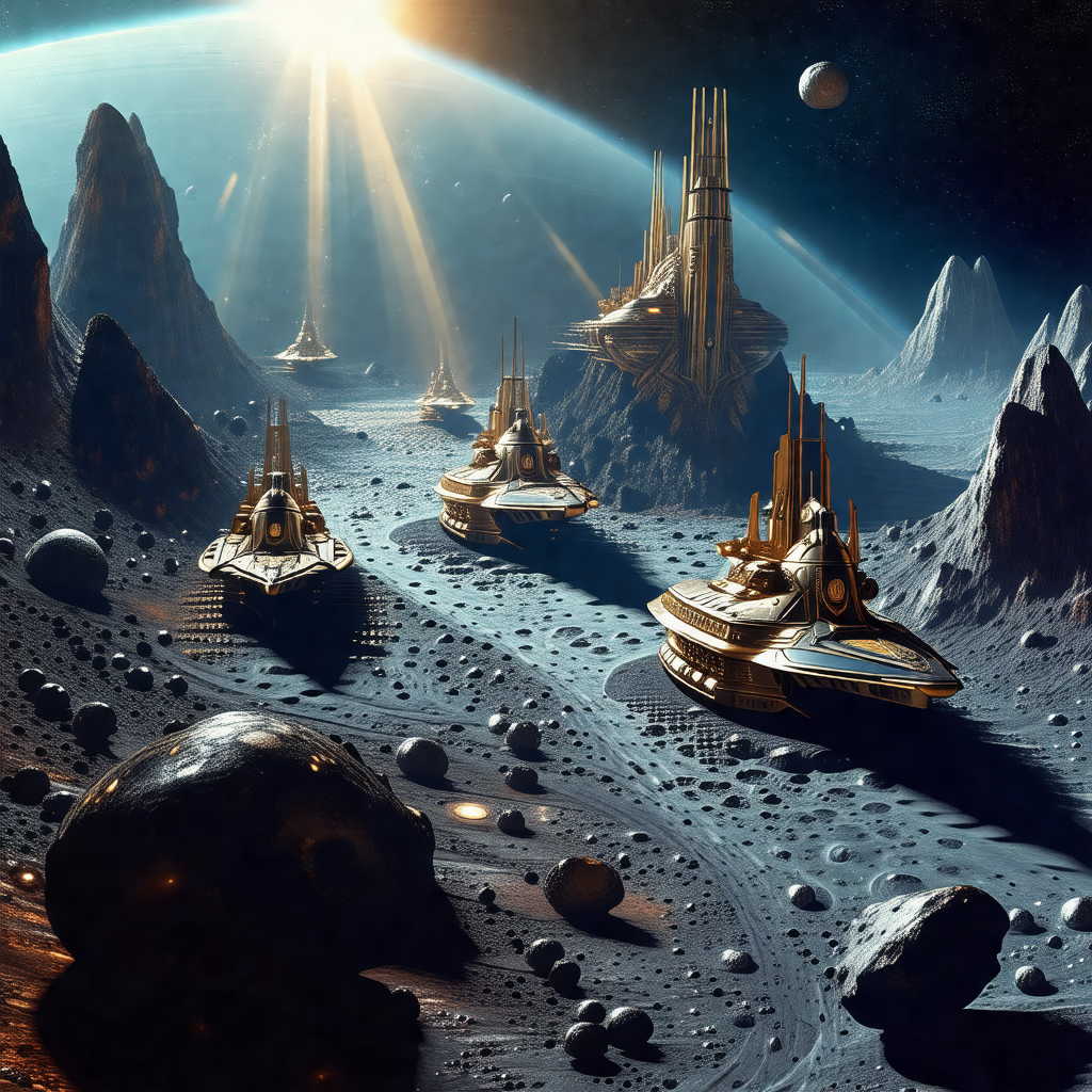 Futuristic scene with a group of spaceships floating in t...