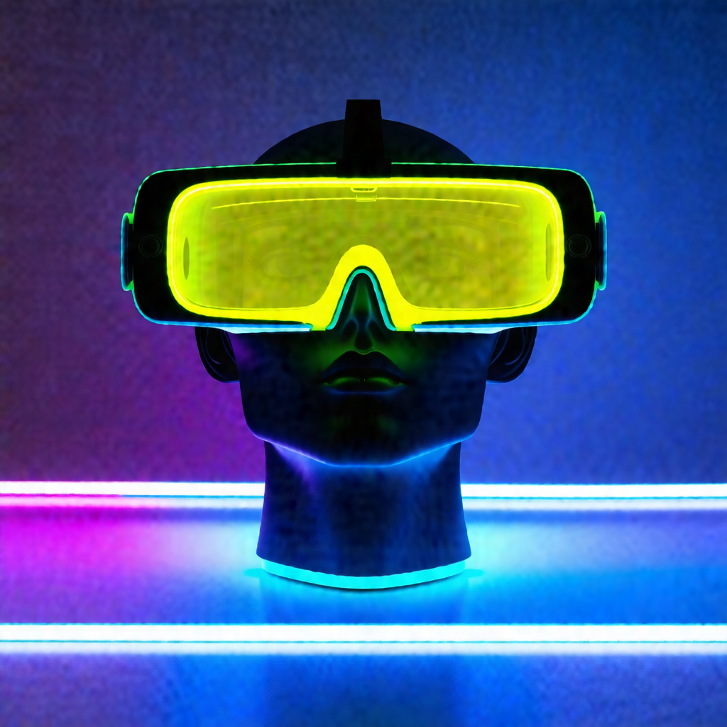 Head with a pair of neon green goggles on it