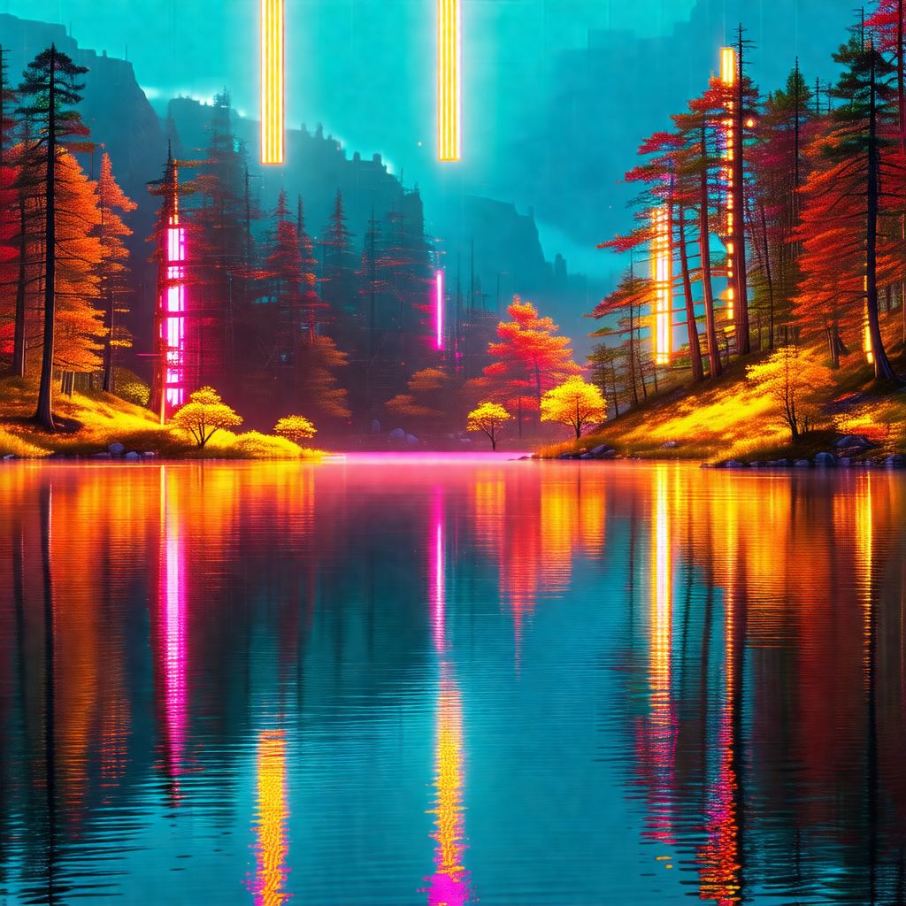 Colorful painting of a forest with a body of water, possi...