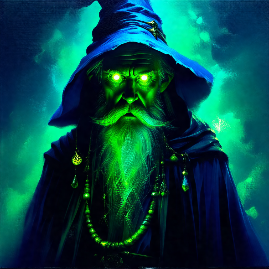 Man with a beard and a blue hat, wearing a blue robe and ...