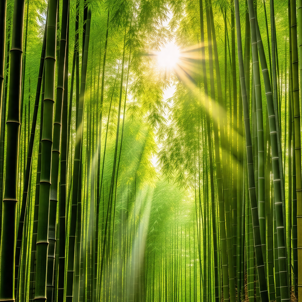 Lush green forest filled with tall, slender bamboo trees