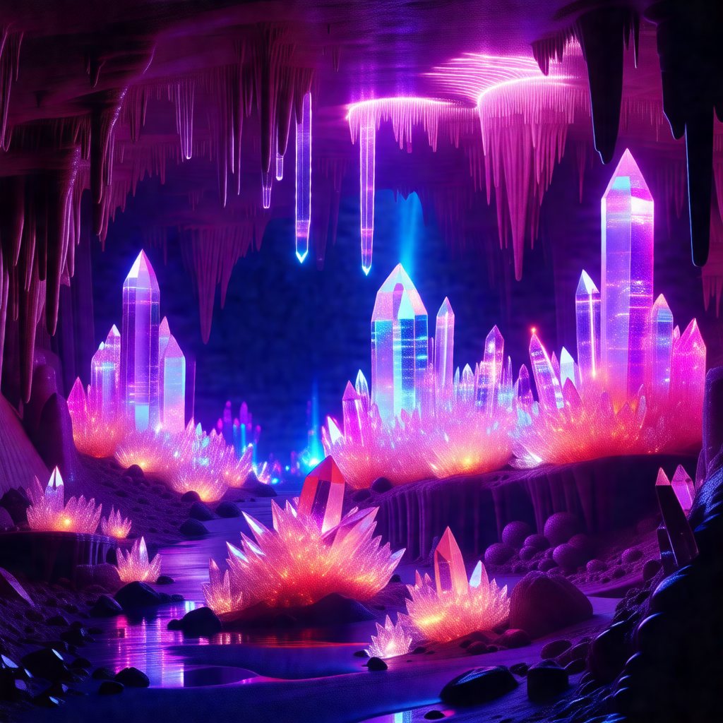Colorful, computer-generated scene of a cave with purple ...