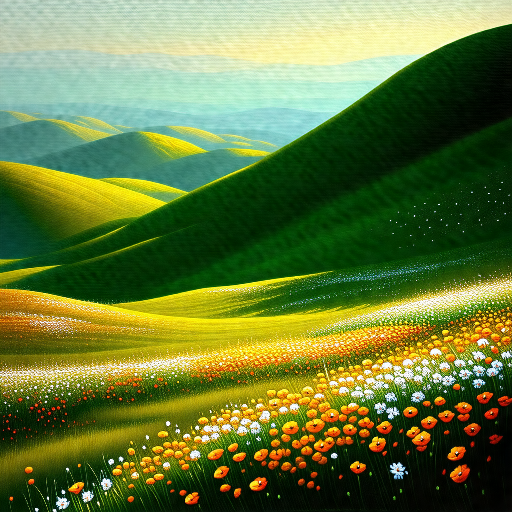 Beautiful, lush green hillside with a vibrant yellow and ...