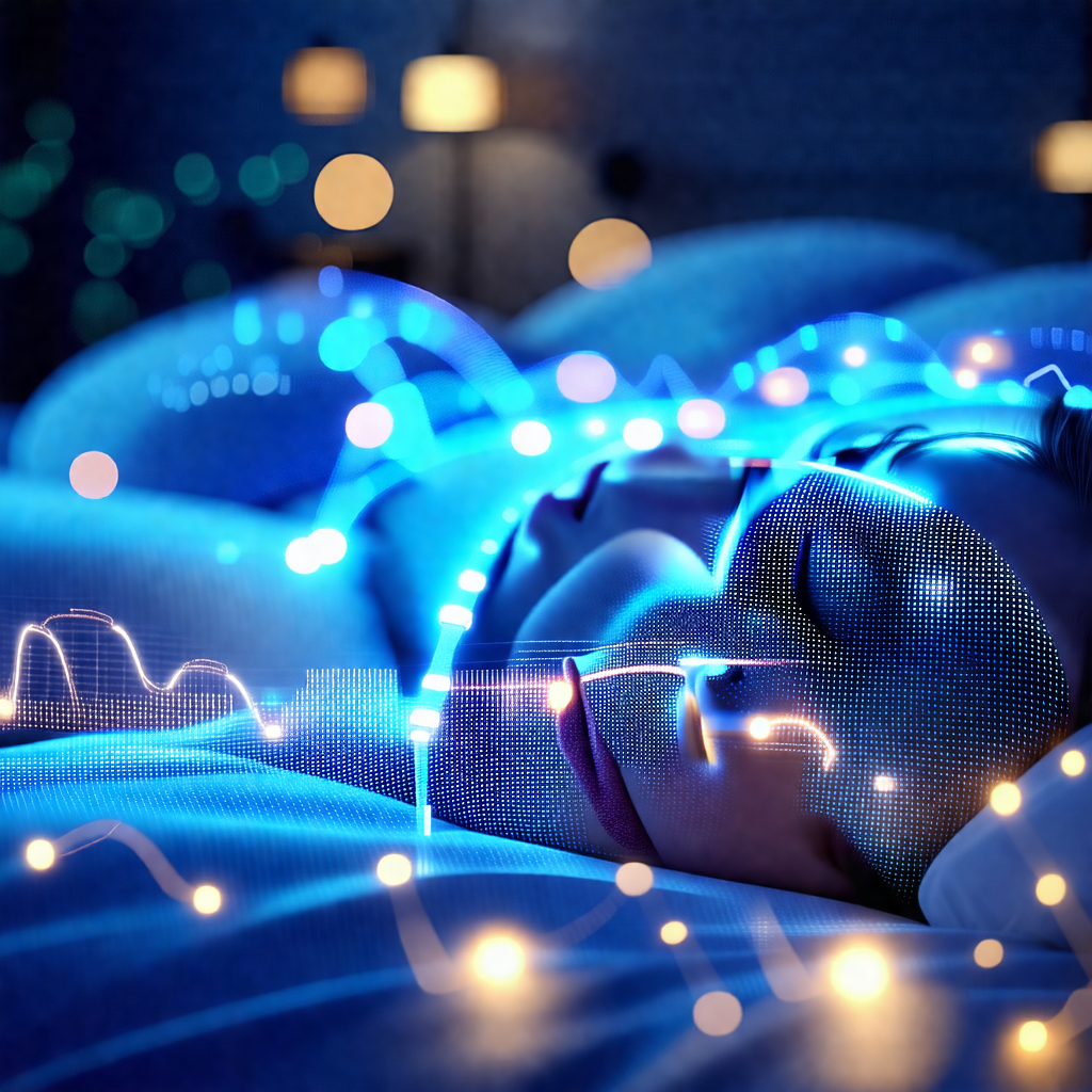 Person lying in bed, with a blue light illuminating their...