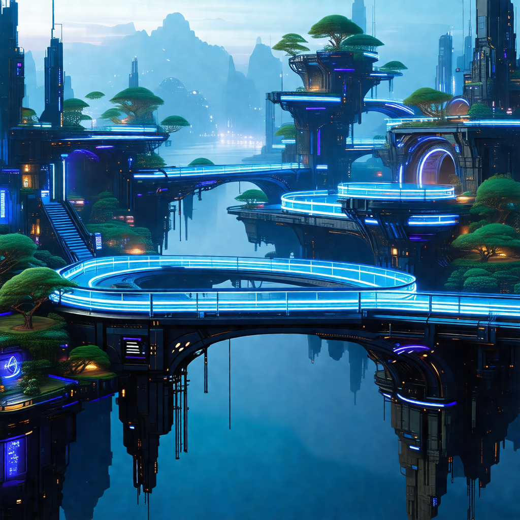 Futuristic cityscape with a large blue bridge spanning ac...