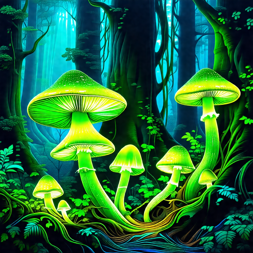 Lush green forest with a group of mushrooms growing on th...