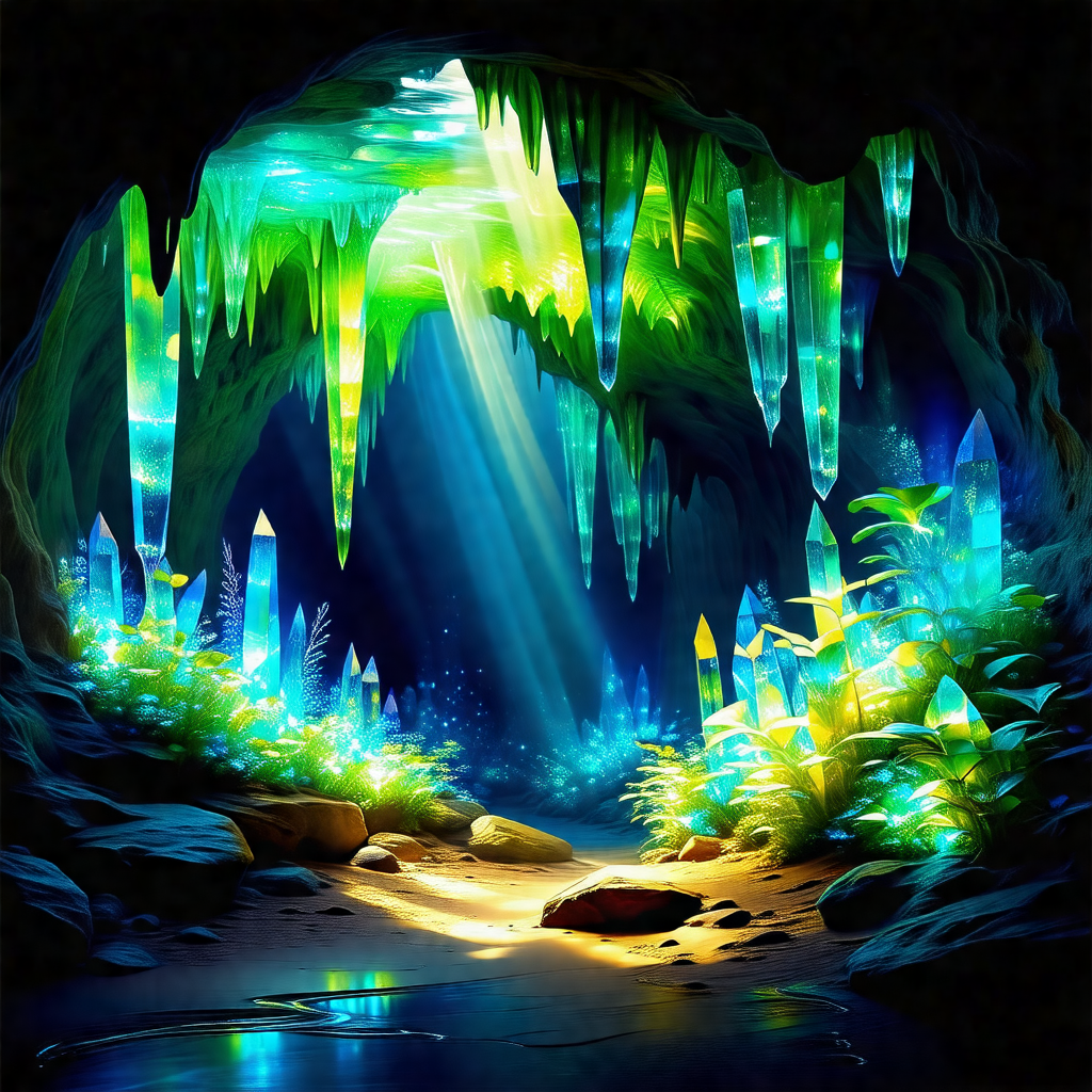Lush, green cave with a waterfall flowing through it
