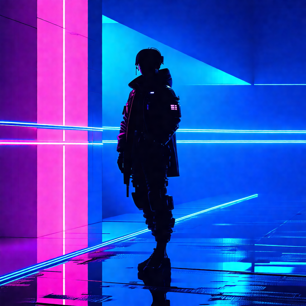 Person standing in a room with a blue and pink color scheme