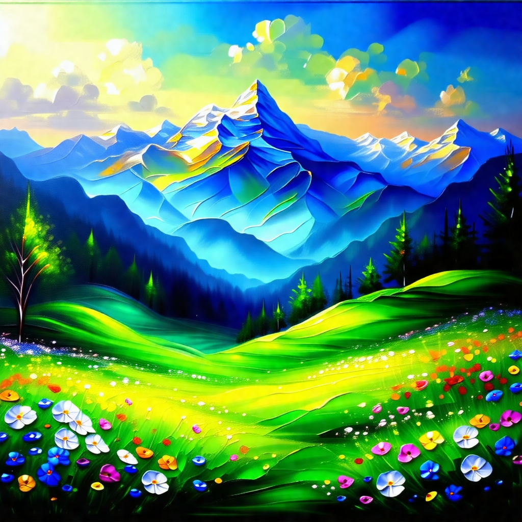 Beautiful mountain landscape with a lush green field and ...