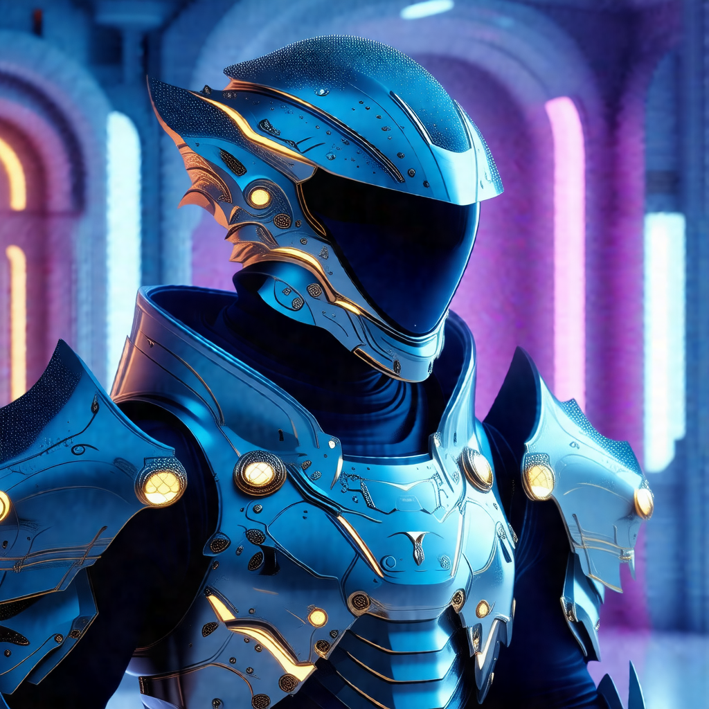 Futuristic robot with a blue helmet, standing in a room w...