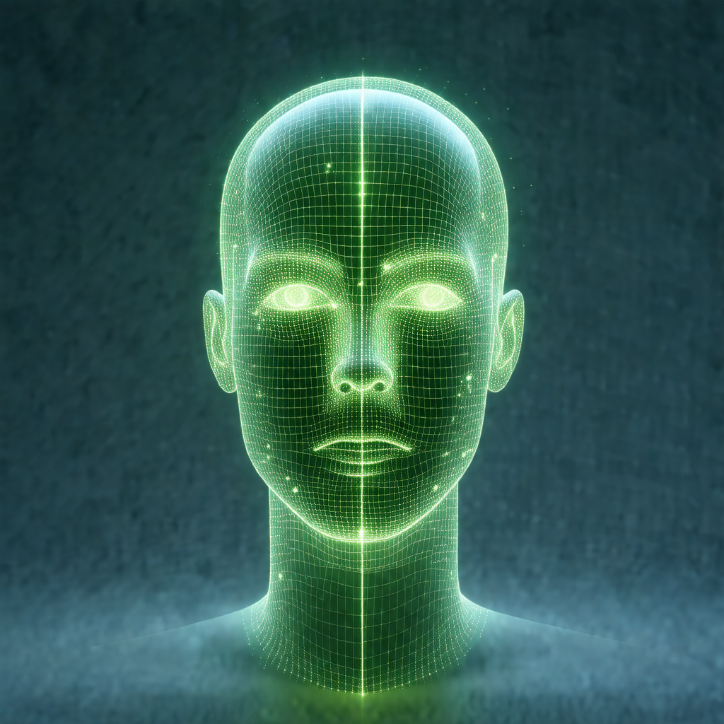 Close-up of a human head with a green glow