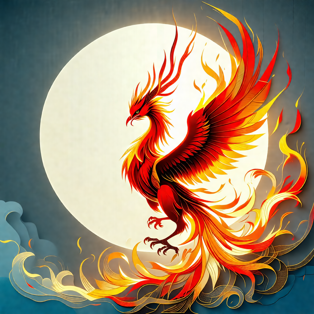 Red and yellow bird with a long tail, standing in front o...